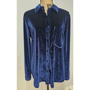 LPA Velour Velvet Button Down Shirt, Deep Blue, Oversized, Womens Sz S